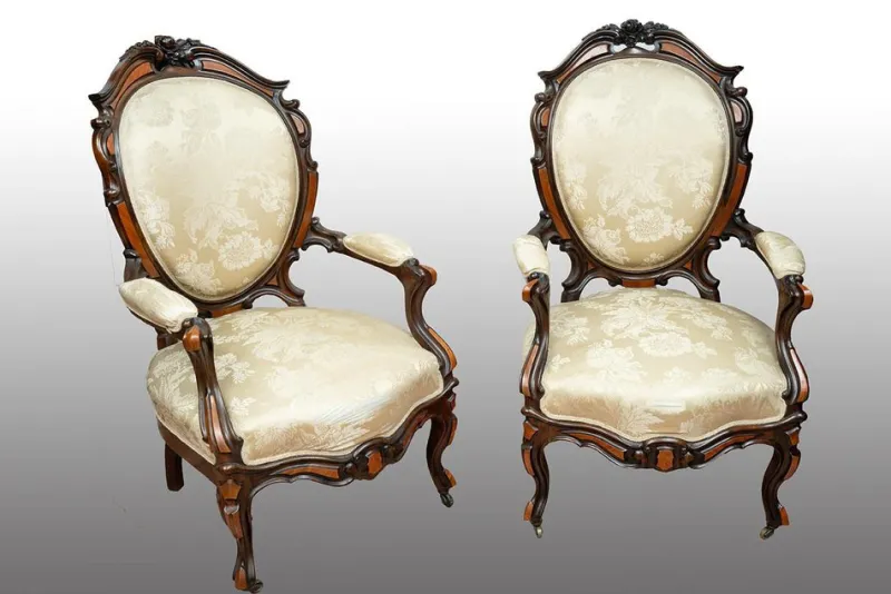 Pamono Antique French Louis Philippe Armchairs in Exotic Fine Woods, Mid-19th Century, Set of 2> Lounge Chairs & Armchairs