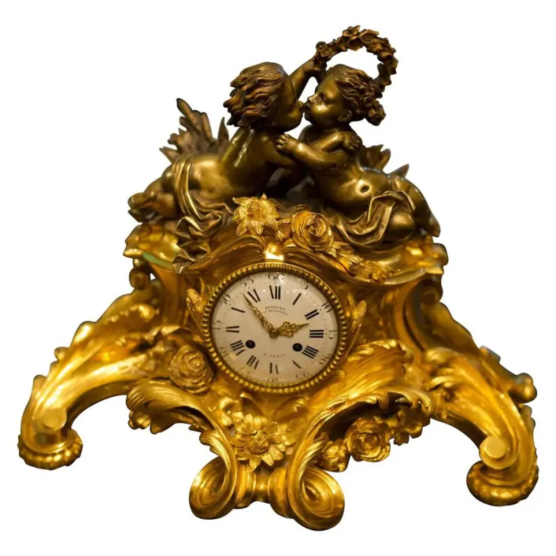 Online Pamono Antique French Louis XV Style Figural Mantel Clock in Gilt Bronze