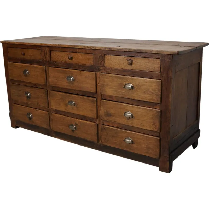 Sale Pamono Antique French Oak and Beech Rustic Bank of Apothecary Drawers, 1910s