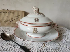Pamono Antique French Porcelain Pillivuyt Soup Tureen with Gilded MB/BM Monogram> Serving Dishes