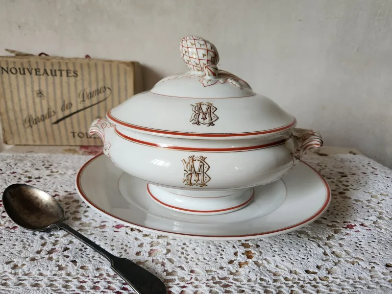 Pamono Antique French Porcelain Pillivuyt Soup Tureen with Gilded MB/BM Monogram> Serving Dishes