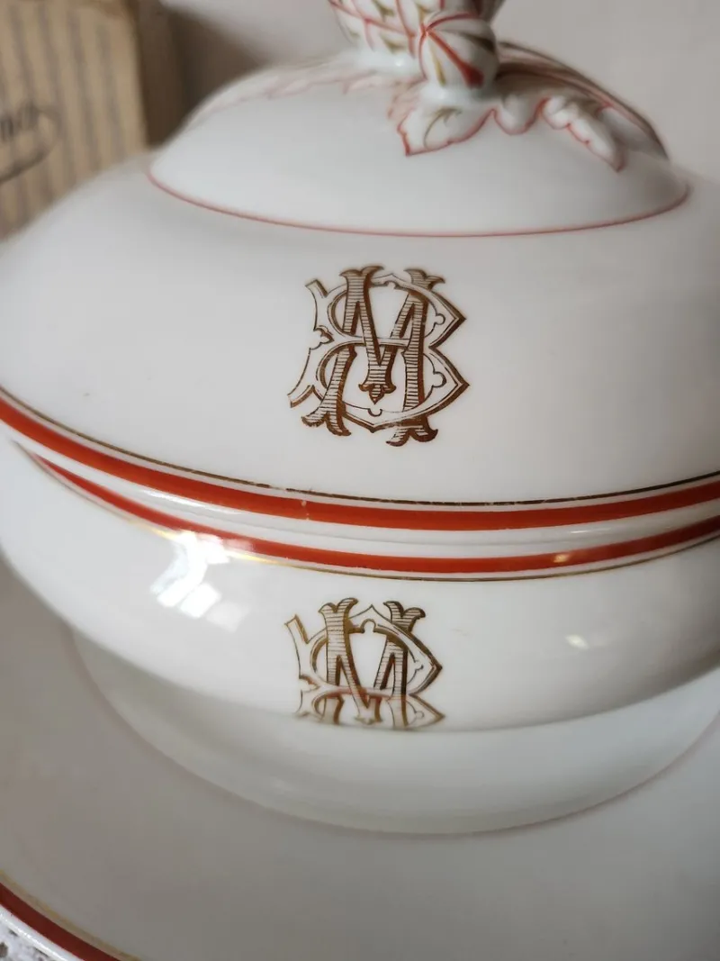 Pamono Antique French Porcelain Pillivuyt Soup Tureen with Gilded MB/BM Monogram> Serving Dishes