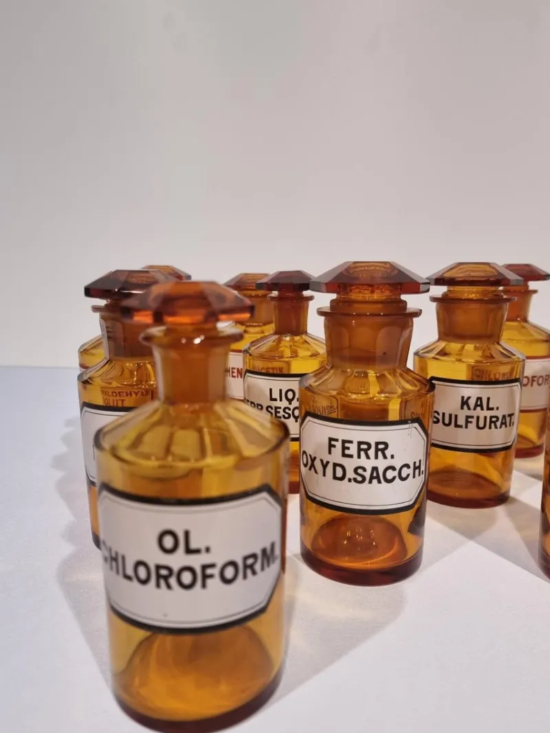 Pamono Antique German Amber Glass Apothecary Pharmacy Hand Blown Jars, Set of 13> Bottles, Carafes & Jugs
