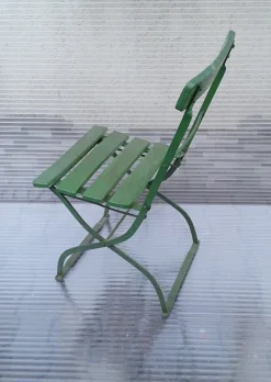 Pamono Antique German Collapsible Beer Garden Chair with Green-Painted Iron Frame, 1920s><noscript><img width=