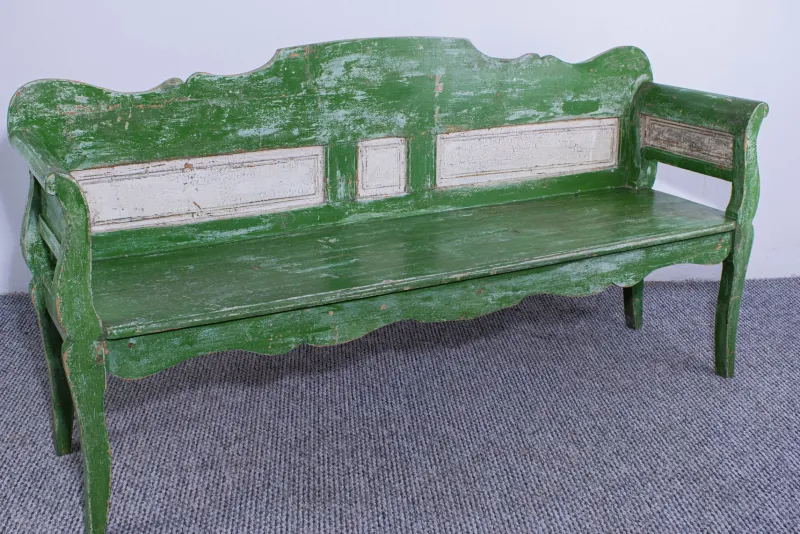 New Pamono Antique Green and White Painted Pine Bench, Late 19th Century