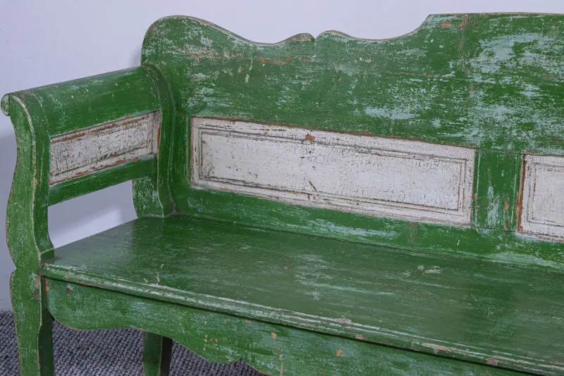 New Pamono Antique Green and White Painted Pine Bench, Late 19th Century