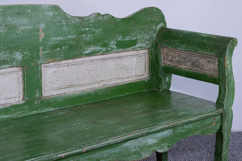 New Pamono Antique Green and White Painted Pine Bench, Late 19th Century
