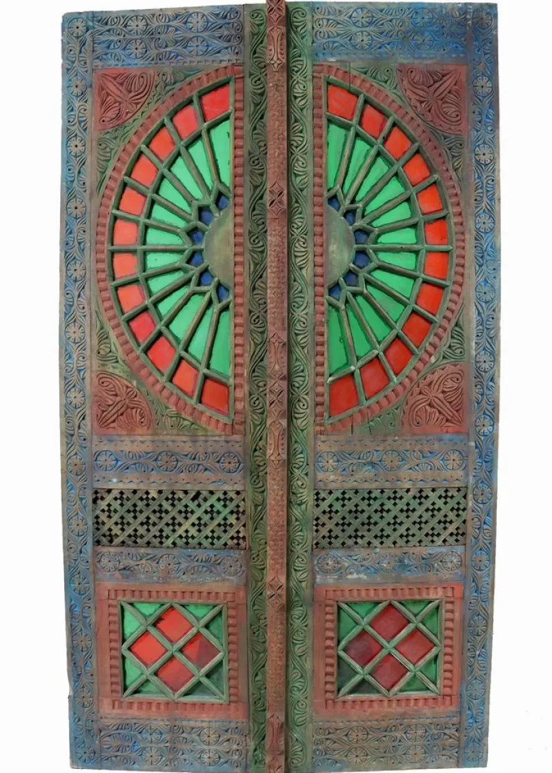 New Pamono Antique Hand-Carved Colored Glass Door with Double Wing Door Swat-Tal, Pakistan, 1920s