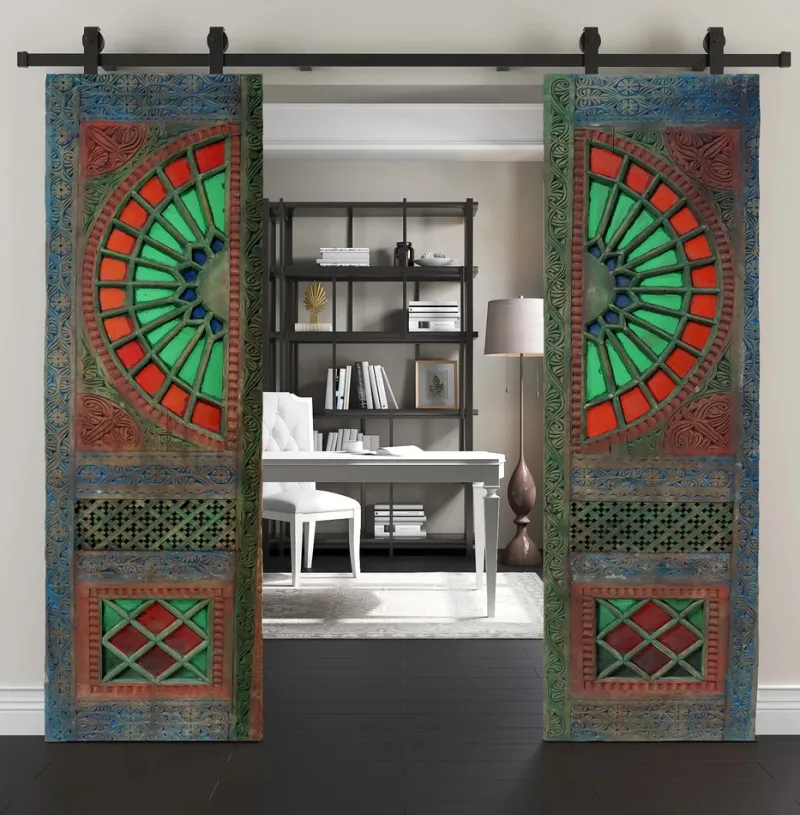 New Pamono Antique Hand-Carved Colored Glass Door with Double Wing Door Swat-Tal, Pakistan, 1920s