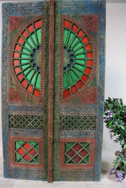New Pamono Antique Hand-Carved Colored Glass Door with Double Wing Door Swat-Tal, Pakistan, 1920s