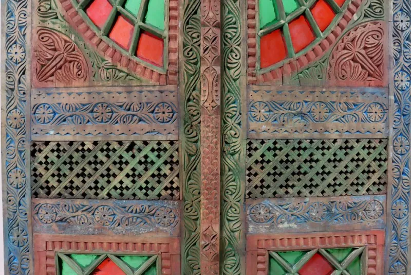 New Pamono Antique Hand-Carved Colored Glass Door with Double Wing Door Swat-Tal, Pakistan, 1920s