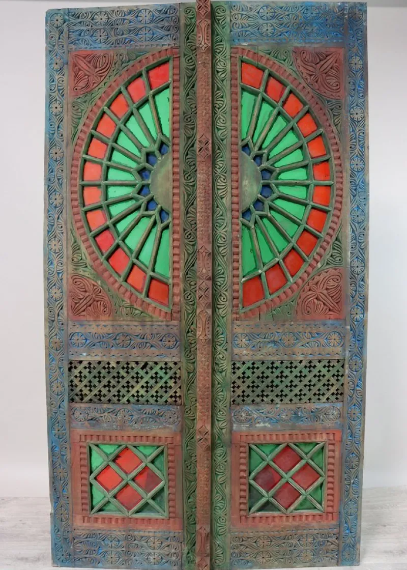 New Pamono Antique Hand-Carved Colored Glass Door with Double Wing Door Swat-Tal, Pakistan, 1920s