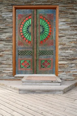 New Pamono Antique Hand-Carved Colored Glass Door with Double Wing Door Swat-Tal, Pakistan, 1920s
