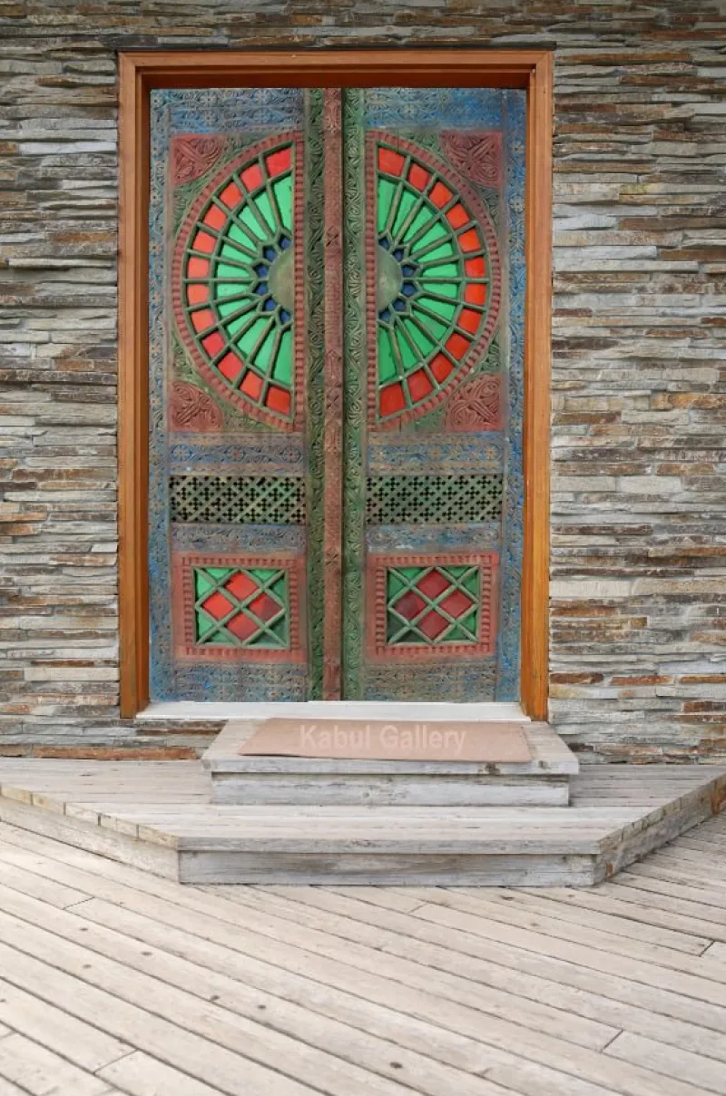New Pamono Antique Hand-Carved Colored Glass Door with Double Wing Door Swat-Tal, Pakistan, 1920s
