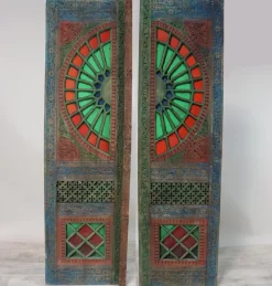 New Pamono Antique Hand-Carved Colored Glass Door with Double Wing Door Swat-Tal, Pakistan, 1920s