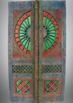 New Pamono Antique Hand-Carved Colored Glass Door with Double Wing Door Swat-Tal, Pakistan, 1920s
