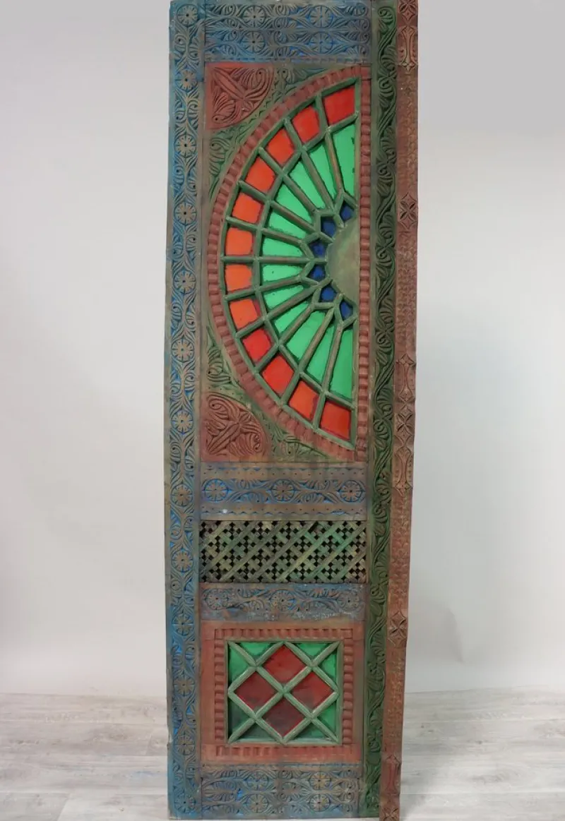 New Pamono Antique Hand-Carved Colored Glass Door with Double Wing Door Swat-Tal, Pakistan, 1920s