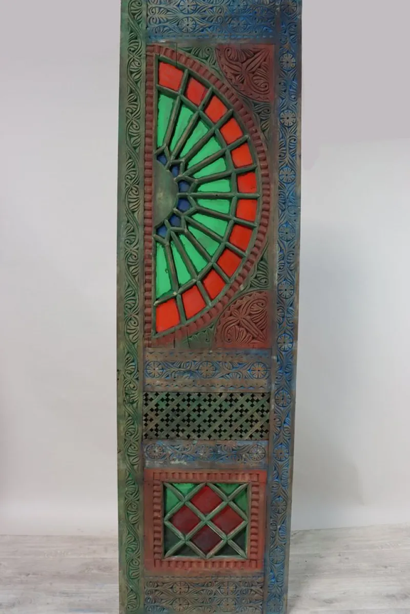 New Pamono Antique Hand-Carved Colored Glass Door with Double Wing Door Swat-Tal, Pakistan, 1920s