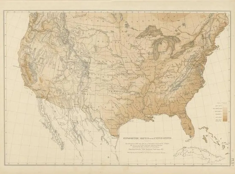 Discount Pamono Antique Hypsometric Map of the United States by Walker, 1874
