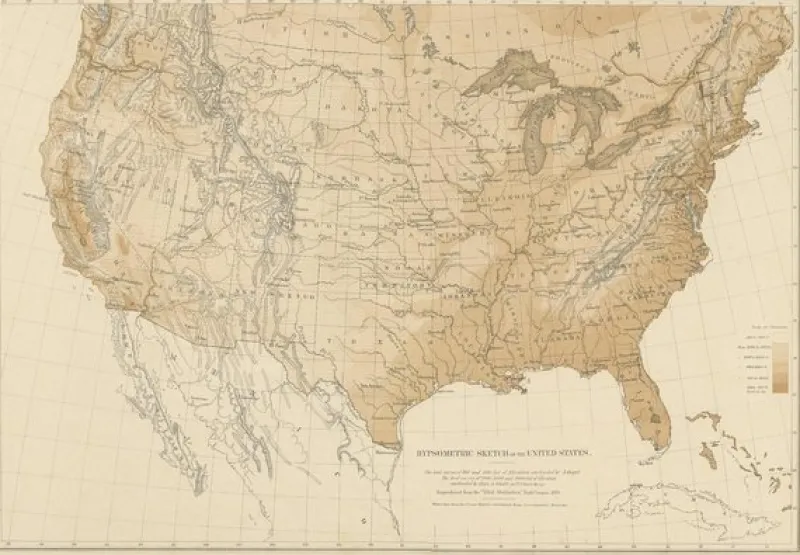 Discount Pamono Antique Hypsometric Map of the United States by Walker, 1874