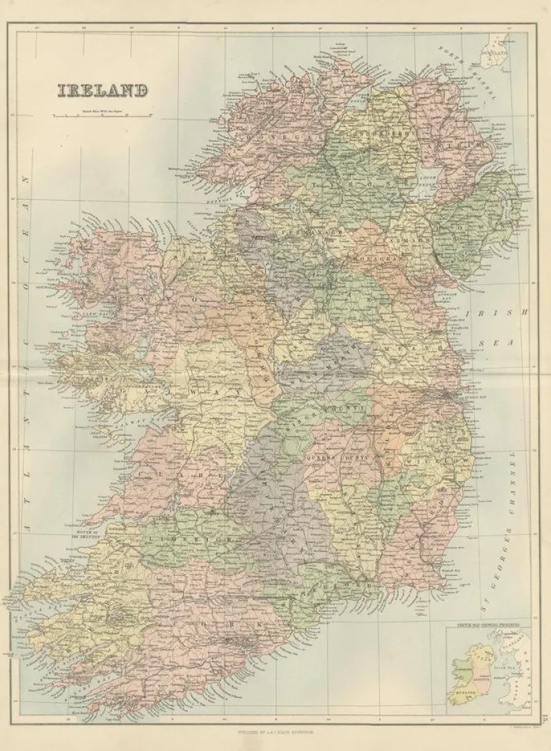 Pamono Antique Ireland Map with County Divisions, 1884> Wall Decor