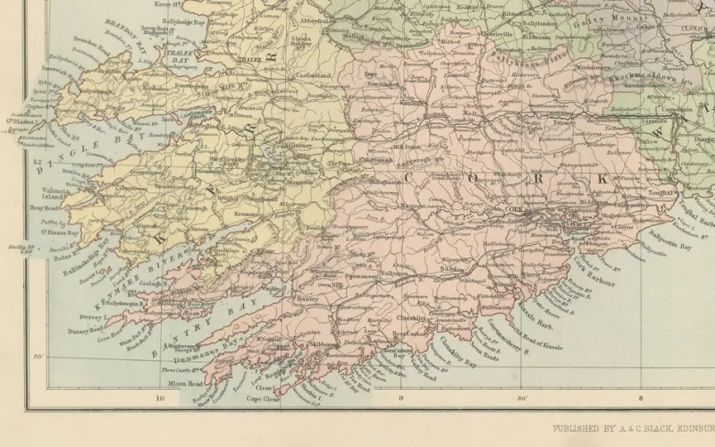 Pamono Antique Ireland Map with County Divisions, 1884> Wall Decor