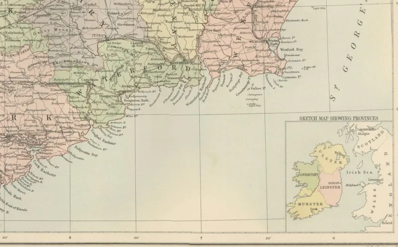 Pamono Antique Ireland Map with County Divisions, 1884> Wall Decor