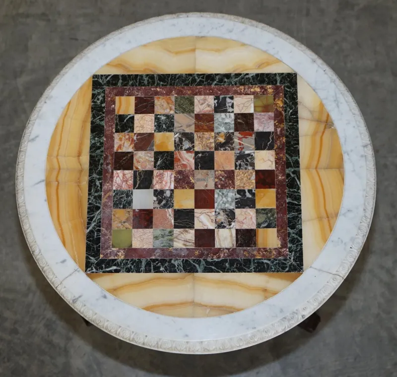 Pamono Antique Italian Pietra Dura Marble Chess Table with Mahogany Base, 1880s