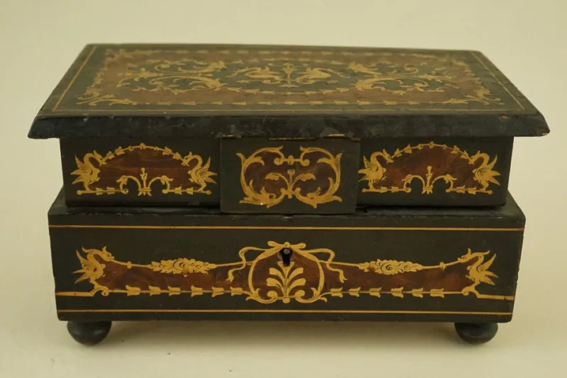 Pamono Antique Italian Sorrento Wood Jewelery Box, 1800s> Trunks Crates & Baskets