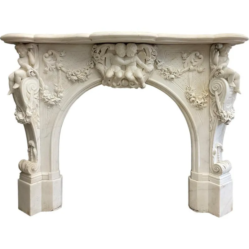 Hot Pamono Antique Italian Statuary Baroque Style Fireplace Mantel in White Marble, 1850