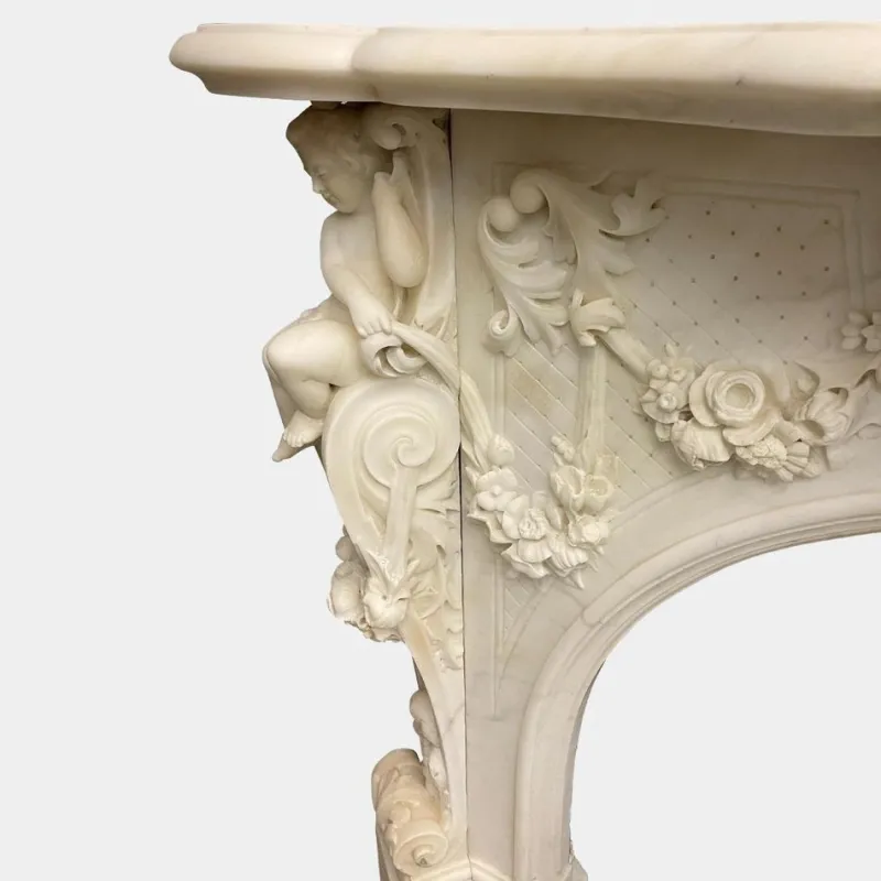 Hot Pamono Antique Italian Statuary Baroque Style Fireplace Mantel in White Marble, 1850