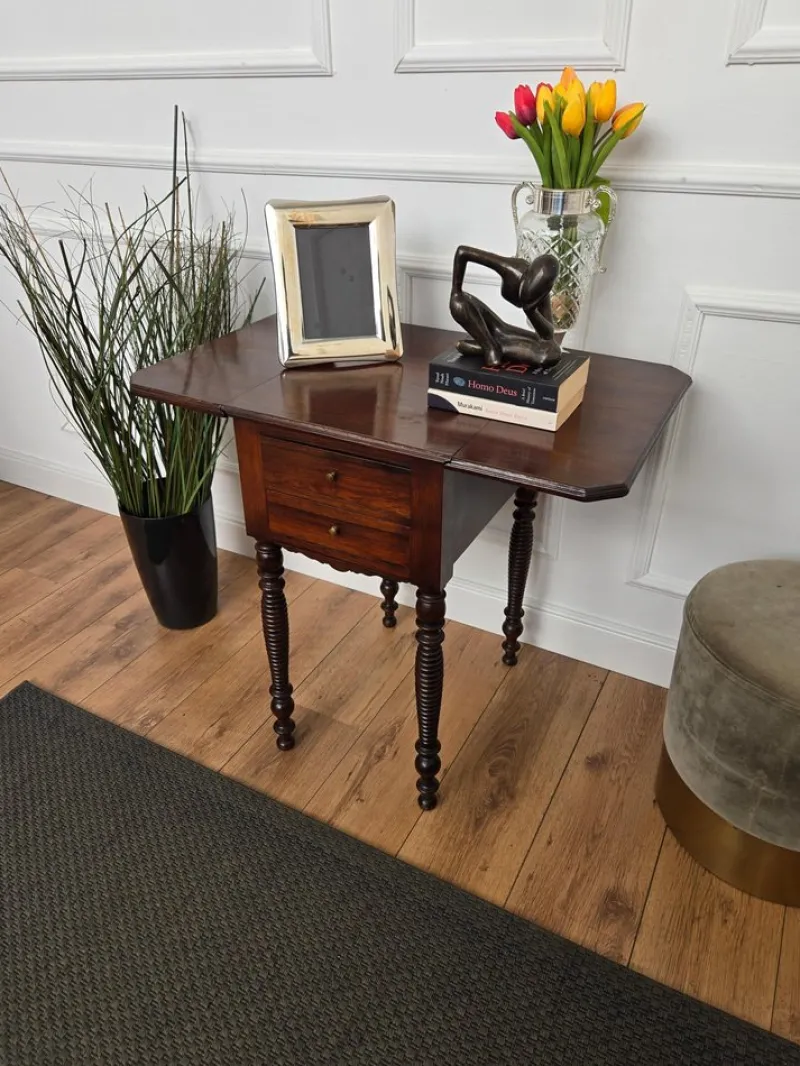 Pamono Antique Italian Walnut Drop Leaf Pembroke Console with Carved Turned Legs, 1890s> Console Tables