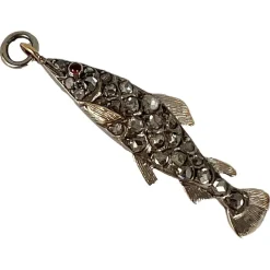 Pamono Antique 18k Rose Gold Silver Ruby Diamond Fish Charm Pendant, 1890s> Rings