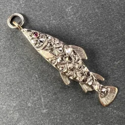 Pamono Antique 18k Rose Gold Silver Ruby Diamond Fish Charm Pendant, 1890s> Rings