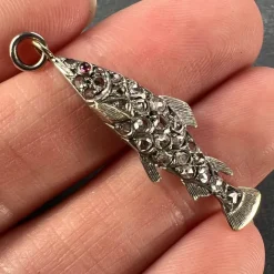 Pamono Antique 18k Rose Gold Silver Ruby Diamond Fish Charm Pendant, 1890s><noscript><img width=