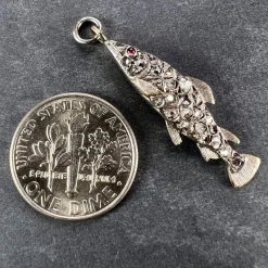 Pamono Antique 18k Rose Gold Silver Ruby Diamond Fish Charm Pendant, 1890s><noscript><img width=
