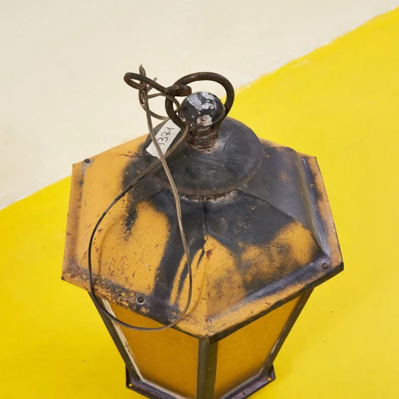Pamono Antique Lantern in Iron and Amber Glass> Garden Lighting