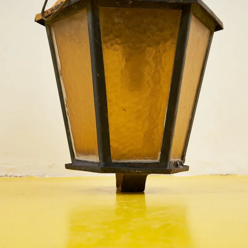 Pamono Antique Lantern in Iron and Amber Glass> Garden Lighting