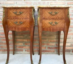 Pamono Antique Louis XV French Marquetry Marble Top Nightstands, Set of 2