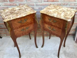 Pamono Antique Louis XV French Marquetry Marble Top Nightstands, Set of 2
