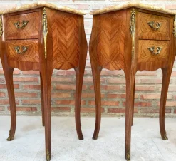 Pamono Antique Louis XV French Marquetry Marble Top Nightstands, Set of 2