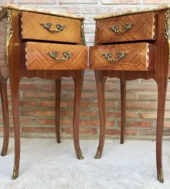 Pamono Antique Louis XV French Marquetry Marble Top Nightstands, Set of 2