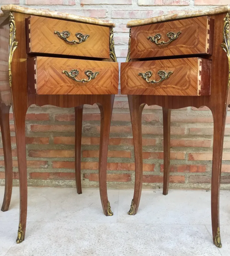 Pamono Antique Louis XV French Marquetry Marble Top Nightstands, Set of 2