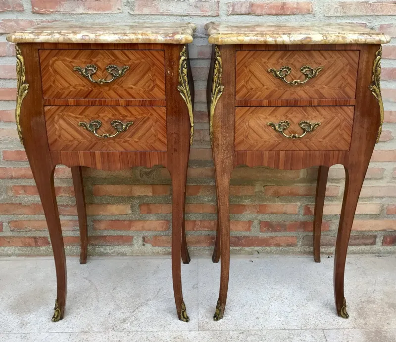Pamono Antique Louis XV French Marquetry Marble Top Nightstands, Set of 2