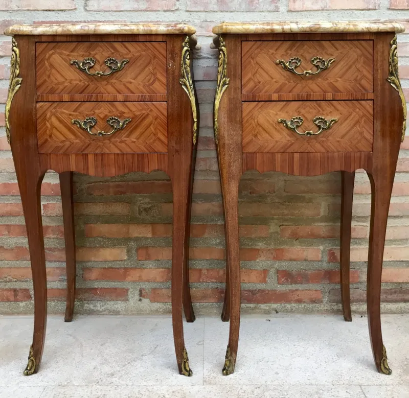 Pamono Antique Louis XV French Marquetry Marble Top Nightstands, Set of 2
