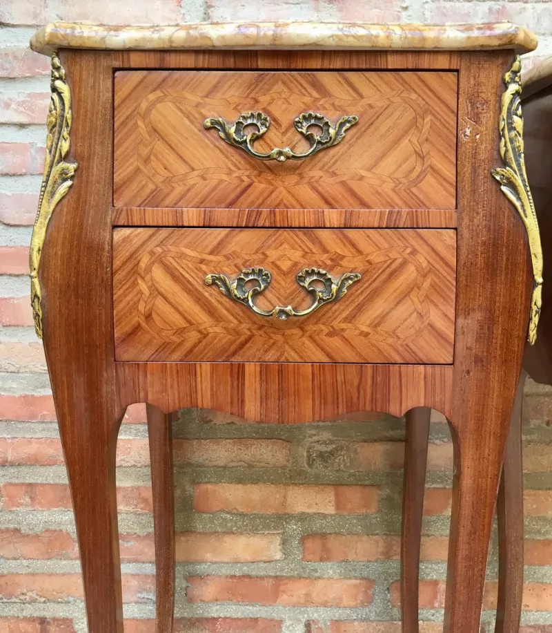 Pamono Antique Louis XV French Marquetry Marble Top Nightstands, Set of 2