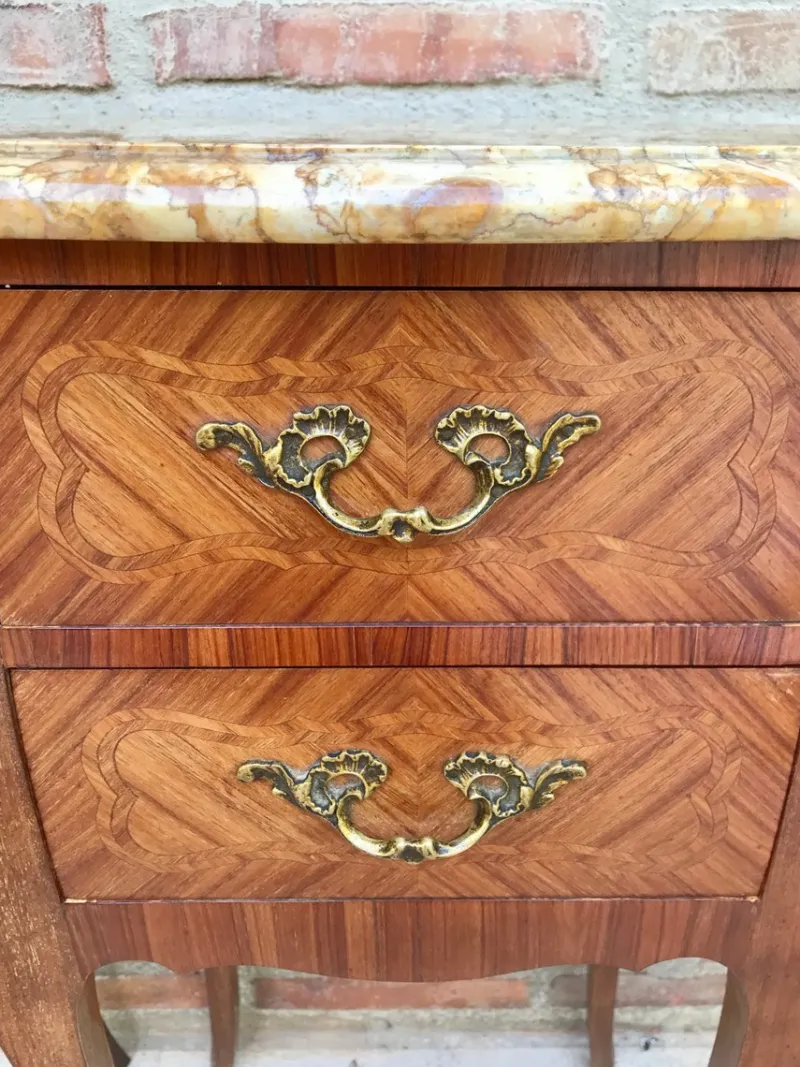Pamono Antique Louis XV French Marquetry Marble Top Nightstands, Set of 2