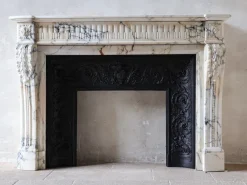 Discount Pamono Antique Louis XVI French Arabescato Marble Fireplace with Cast Iron Interior