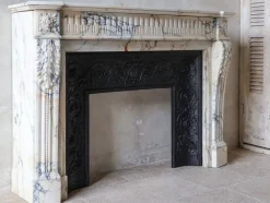 Discount Pamono Antique Louis XVI French Arabescato Marble Fireplace with Cast Iron Interior