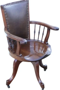 Pamono Antique Mahogany and Leather Swivel Captain's Chair, 1900s><noscript><img width=
